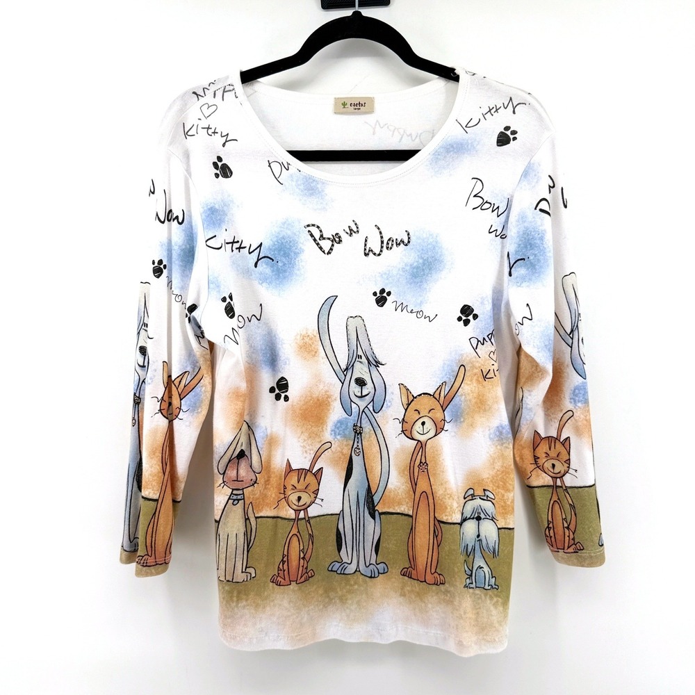 Cactus Top Graphic Dog Cat Rhinestone Large White Women 3/4 Sleeve Shirt Vintage